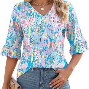 Southern Coastal Prep Abstract Print Ruffle Sleeve Blouse Multicolor Small
